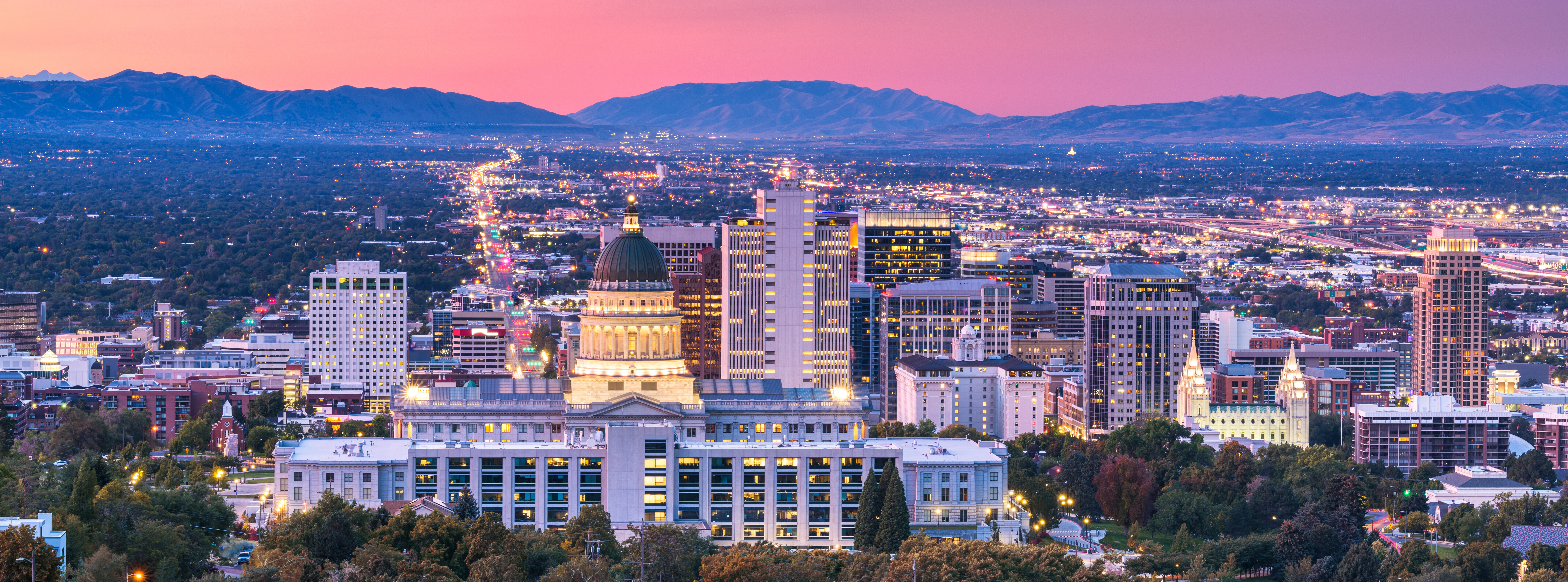 Salt Lake City, Utah, downtown city skyline at dusk.